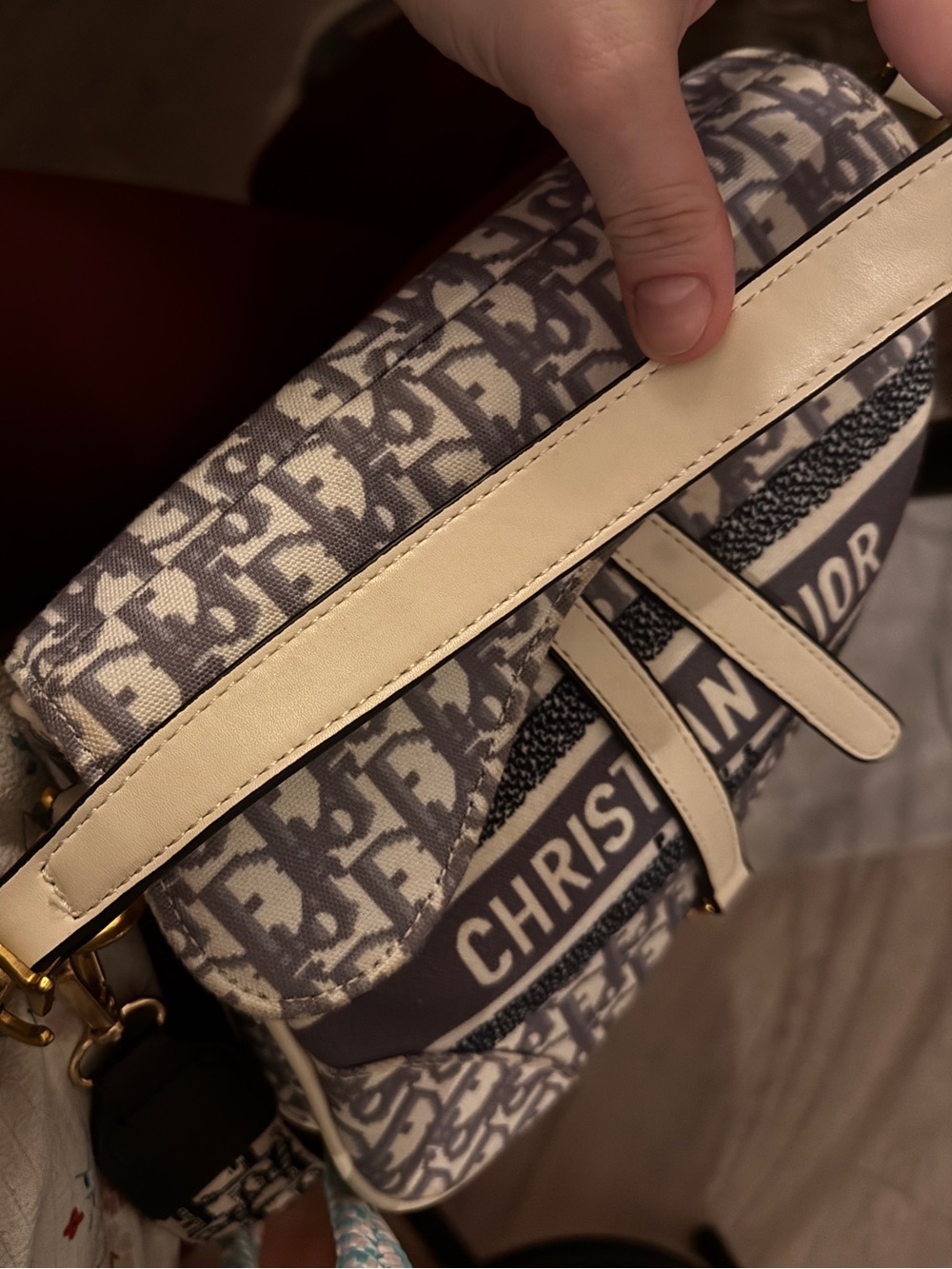 Blue-Gray Oblique Canvas Crossbody with Cream Trim